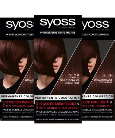 Syoss Color Coloration 3_28 Dark Chocolate Level 3 (3 x 115 ml) permanent hair color for up to 10 weeks of color intensity and 70 % less hair break* Dark chocolate 115 ml (3 pack)