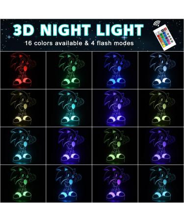 AIRUEEK Sonic the Hedgehog 3D Night Light | 16 Color LED Illusion Lamp | Bedroom Decor & Birthday Gifts for Men | Unique Fathers Day Gift - Buy Online on GoSupps.com