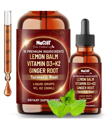 NUQIIT 10in1 Lemon Balm Tincture Blend Includes Vitamin D3 Vitamin K2 Lemon Balm Ginger Turmeric Ceylon Cinnamon and More - 1 FL Oz - 60 Day Supply