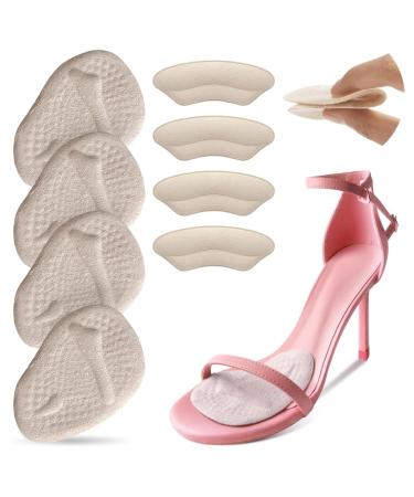 4 Pairs Metatarsal Pads Ball of Foot Cushions Shoe Pads Heel Grips Liner Prevent Heel Pain Blisters & Heel Slipping No Slip Heel Grips Liners Shoe Pads for Loose Shoe (Beige)