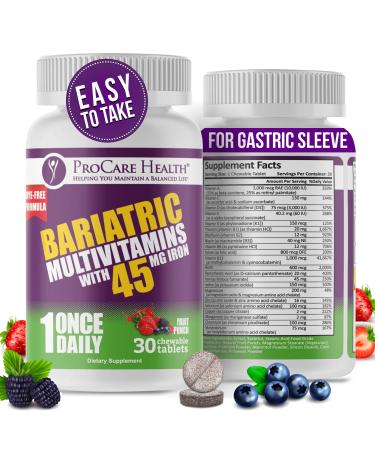 Procare Health Bariatric Multivitamin with Iron 45mg Chewable (30 Tablets) - Fruit Punch Flavor Bariatric Multivitamin Chewable Pills for Gastric Bypass & Sleeve Gastrectomy Patients (01 Month Supply) 30 Count (Pack of 1)