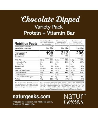 NaturGeeks Chocolate Dipped Protein Bar Variety Pack | Vegan with 15g Protein 11 Vitamins 16g Fiber Magnesium & Zinc for Immune Support No Added Sugar 12 Pack - Buy Online on GoSupps.com