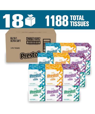 Presto! Ultra-Soft Facial Tissues - 3-Ply, 66 Count per Box (Pack of 18) - Amazon Brand - Buy Online on GoSupps.com