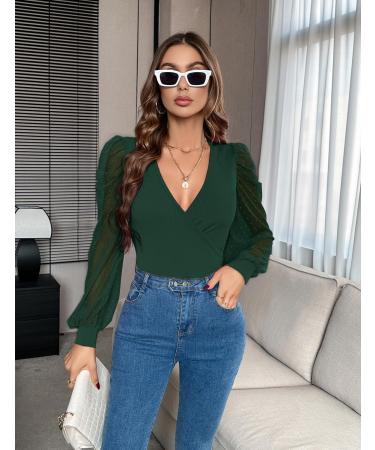 Fayenne Womens Tops Deep V Neck Cross Wrap Sexy Tops Polka Dot Mesh Long Sleeve T Shirt Casual Blouses L Dark Green - Buy Online on GoSupps.com
