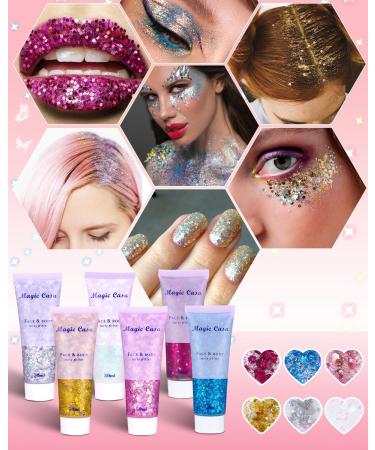 Shop Tidevan 6-Piece Body Glitter Gel Set for Long-Lasting Festival Makeup | Chunky Glitter for Face Hair Lips & Nails - Silver Gold Pink White Red Blue - Buy Online on GoSupps.com