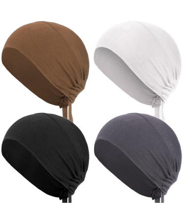 4 Pieces Women Hijab Caps Underscarf Turban Caps Skull Caps Soft Beanie Sleep Hats for Long Hair Black, White, Grey, Brown