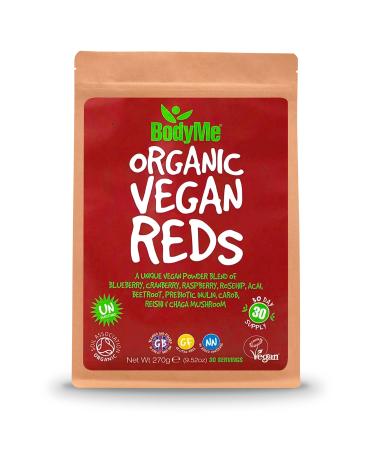 BodyMe Organic Vegan Reds Powder | 270g | Super Reds Blend | with Blueberry Cranberry Raspberry Rosehip Acai Beetroot Prebiotic Inulin Carob Chaga Mushroom Reishi Mushroom