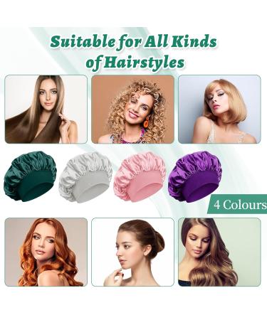 4-Piece Satin Hair Hood & Hair Ties Set | Reusable Sleep Caps for Women & Girls - Protect Hair While Sleeping | Silver Violet Pink Cyan - Buy Online on GoSupps.com