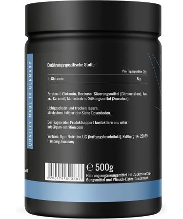 L-Glutamine Ultrapure Powder 500g - 99.5% Pure Vegan Lab-Tested - Ideal for Bodybuilders - Made in Germany - tee Peach Flavor - Buy Online on GoSupps.com