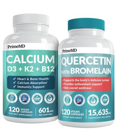 PrimeMD 4-in-1 Calcium Supplements for Women & Men or Heart Bone & Body Defenses (120 ct) & 28-in-1 Quercetin with Bromelain Supplement - Quercetin 500mg Capsules for Immune Defense Support (120 ct)