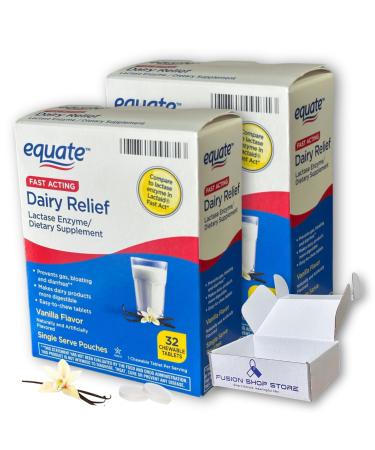 Dairy Pills for Lactose Intolerance- Fast Acting Relief Vanilla Flavor 32 chewable Tablets Lactaid Chewables Lactase Enzyme (Pack of 2) Boxed by Fusion Shop Store