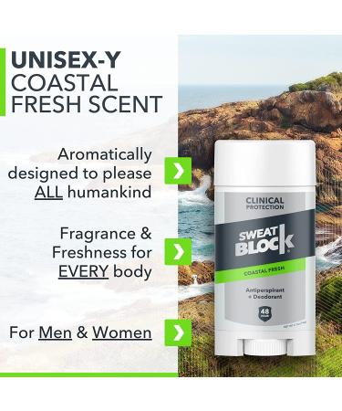 SweatBlock AM Deodorant Antiperspirant - Daily Protection for Men & Women | Coastal Fresh 2.7oz Stick (2 Pack) - Buy Online on GoSupps.com