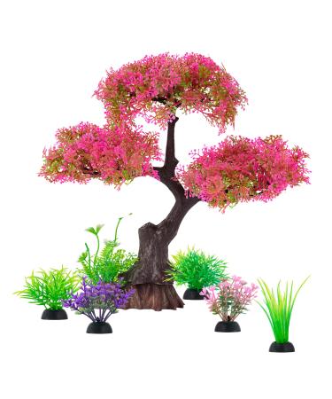 Aquarium Artificial Plastic Plants Decoration, Pink Cherry Blossom Tree & Grass Aquarium Decor, Goldfish Tank Decorations Set, Betta Fish Tank Hides Complete Tree Decoration Accessories Kit(Pink