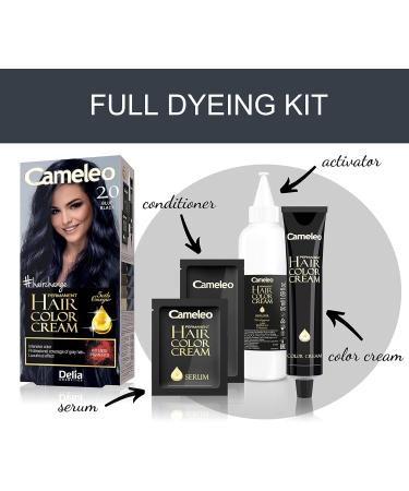Cameleo - Permanent Hair Colour Cream - Blue Black - Intensive Color & Protection - 5 Oils + Omega Plus Acids - Professional Luxurious Hair Dye - Full Kit - Buy Online on GoSupps.com