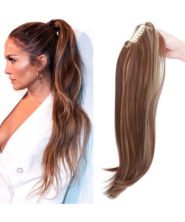 55cm ponytail extension ponytail braid with clip hair parts hair extension hair pussy hair heat-resistant micro-wavy like real hair light brown & ashblond-1 55 cm light brown & ashblond