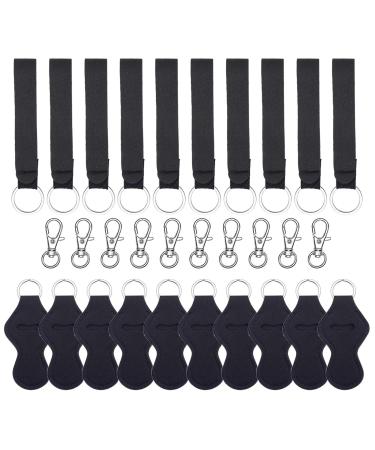 20 Pack Sublimation Blanks Chapstick Holder Keychains Neoprene Lipstick Holder Keychainr with Lanyards Wristlet and 10 Metal Clip Cords Black Black 10 Set