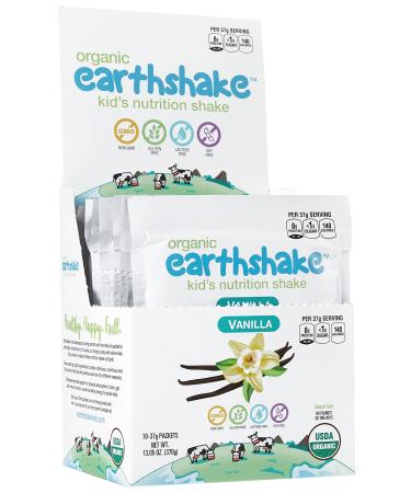 Earthshake Organic Kids Protein Nutritional Shake Vanilla - Non GMO Lactose Free Soy Free Gluten Free Less than 1g of Sugar Per Serving Amazing Taste | All Ages 2 & Up (Vanilla 10 Count) Vanilla 1.3 Ounce (Pack of 10)