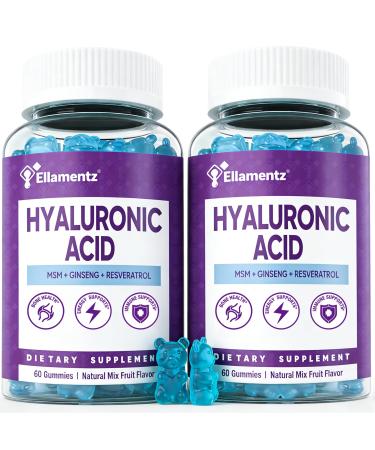 ELLAMENTZ 7-in-1 Sugar Free Hyaluronic Acid Supplements with MSM Resveratrol Ginseng Vitamin C Gummies for Skin Health & Deep Hydration 120 Counts