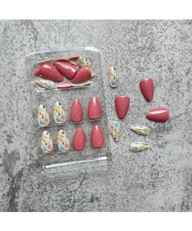 Almond Press on Nails - Short Floral Acrylic Nails Kit | Glossy Fall Design | 24Pcs Reusable Stick On Nails for Women & Girls - Buy Online on GoSupps.com