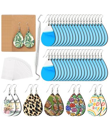 HTVRONT Sublimation Earring Blanks Bulk - 50 Pcs Wood Earrings Blanks with Blue Protective Film - Unfinished MDF Teardrop Earrings for Sublimation Printing with Template, Weeder, Hooks, Jump Rings
