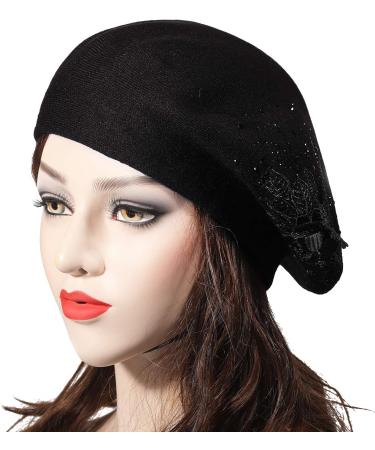 ZLYC Womens Reversible Cashmere French Beret Hat - Warm Beret Cap for Girls - Flower Black - Buy Online on GoSupps.com