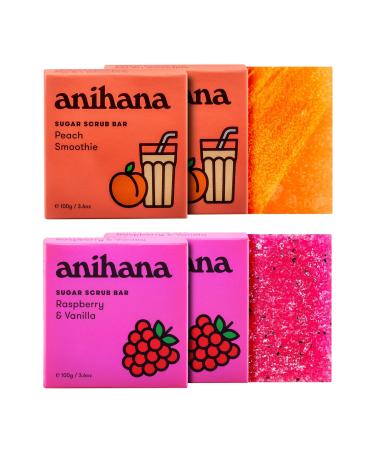 ANIHANA Sugar Scrub Bar | Raspberry & Vanilla Peach Smoothie - Moisturizing Gentle Exfoliating Body Scrub | Variety Pack of 4 (2 of each)
