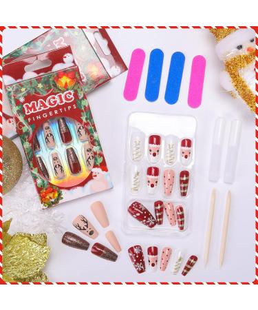 MELLIEX Christmas Fake Nails Artificial Full Cover Press on Nails 48 Pieces Xmas Coffin False Nail Tips Santa Claus Snowflake Elk Nail Art Decorations with Nail Glue and Nail Files - Buy Online on GoSupps.com