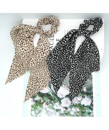 Cheetah Print Bow Scrunchie Set for Women - Black/Brown/White 2pcs | Elastic Hair Scarf Ties with Bunny Ear Bands in Leopard Pattern - Style 1 - Buy Online on GoSupps.com