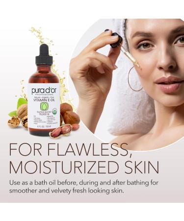 PURA D'OR 4 Oz Organic Vitamin E Oil Blend 70,000 IU - Hexane Free with Sweet Almond, Apricot, Jojoba, Argan, Rosehip, Sunflower & Avocado - Bath Oil for Scars, Skin, Face & Body - Buy Online on GoSupps.com