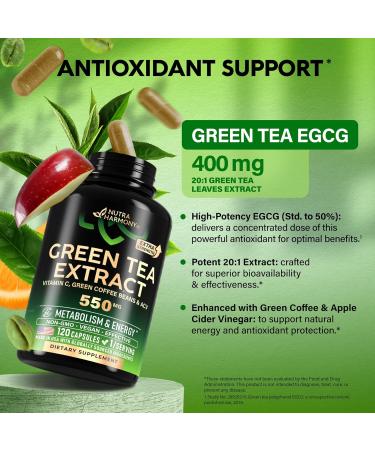 Green Tea Extract - 50% EGCG Extra Strength 20:1 Extract - Natural Green Tea Supplement + Green Coffee Beans & Apple Cider Vinegar - Energy & Metabolism Support - for Men & Women - Vegan 120 Capsules - Buy Online on GoSupps.com