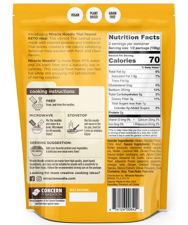 Miracle Noodle Thai Peanut Shirataki Noodles - Gluten Free, Vegan, Non GMO, Low Calorie, Keto - 9.2 Oz (6-Pack) - Buy Online on GoSupps.com