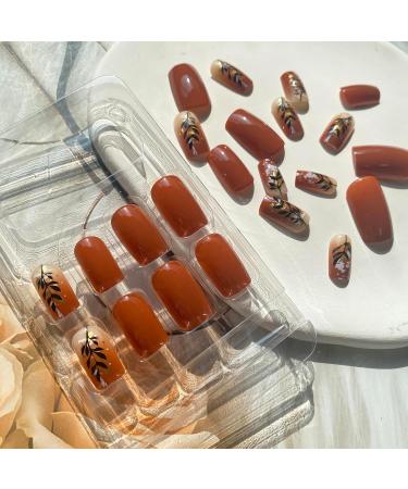24 Pcs Fall Press on Nails - Brown & Gold Foil Autumn Acrylic Medium Length - Reusable Glossy Fake Nails for Women - Buy Online on GoSupps.com