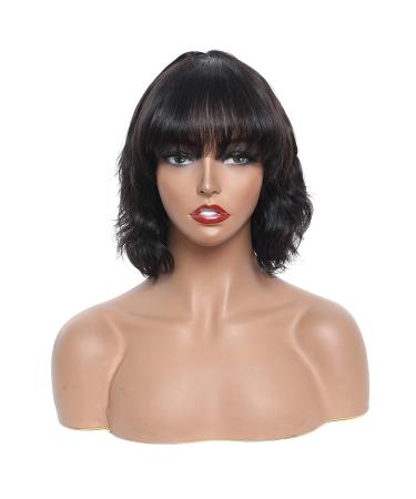 MISNEY 10 Inch Wavy Human Hair Bob Wig with Bangs for Black Women - 130% Density  Glueless Machine Made None Lace Front Wig - Natural Color - Buy Online on GoSupps.com