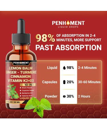 Penhoment 10in1 Lemon Balm Tincture with Ginger Root, Turmeric Liquid, Ceylon Cinnamon, Berberine, Black Pepper for Relaxation 3300mg - 1FL Oz - 60 Day Supply - Buy Online on GoSupps.com