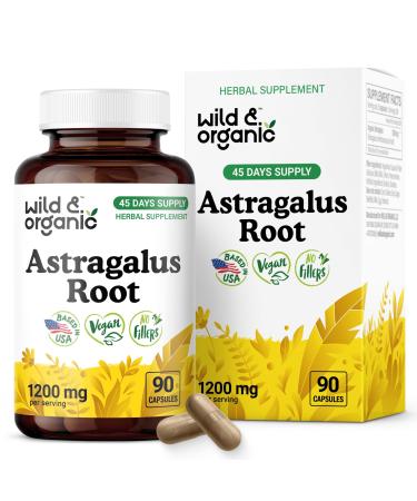 Wild & Organic Astragalus Capsules 1200 mg - Immune Support - Astragalus Root Powder Supplement - 45 Days of Supply - Vegan No Fillers Non-GMO - 90 Count 90 Count (Pack of 1)