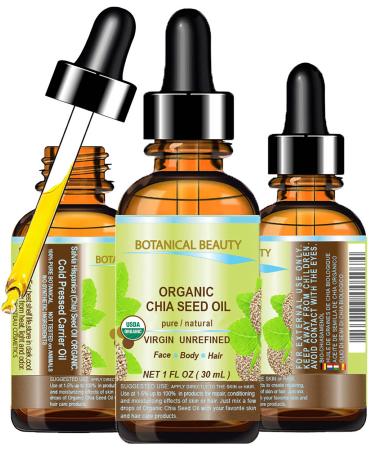 Botanical Beauty Organic CHIA SEED OIL 100% Pure Natural Virgin Unrefined Cold-Pressed Carrier Oil 1 Fl Oz 30 ml for Face Skin Body Hair Lip Nails. Rich in Vitamin E