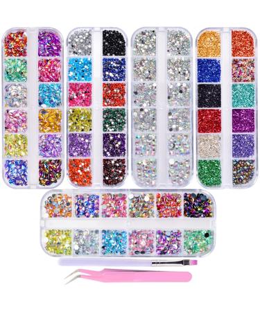 editTime 5000 Pieces (5 Boxes) Shiny Colorful Nail Art Rhinestones Nail Stone Gems Design Kit with a Curved Tweezers and a Nail Brush (multicolor)
