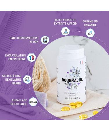 Nutripure | Organic Borage Oil | Natural Hydration and Skin Flexibility | Cold Extracted Virgin Oil | Rich in Gamma Linolenic Fatty Acid | 90 Capsules 500mg | 1 Month | Made in France - Buy Online on GoSupps.com