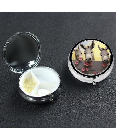 Donkey and Flower Pill Box Portable Small Pill Case 3 Compartment Metal Pill Vitamins Holder Organizer Cute Travel Pillbox for Purse Pocket
