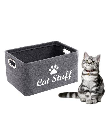 Geyecete Dog Apparel & Accessories/Dog Toys/Pet Supplies Storage Basket/Bin with Handles, Collapsible & Convenient Storage Solution for Office, Bedroom, Closet, Toys, Laundry "Cat Stuff" Grey