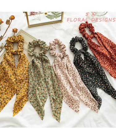 5 Pack Floral Hair Scarves & Ties Chiffon Flower Scrunchies & 2-in-1 Hair Accessories for Women & Girls - Buy Online on GoSupps.com