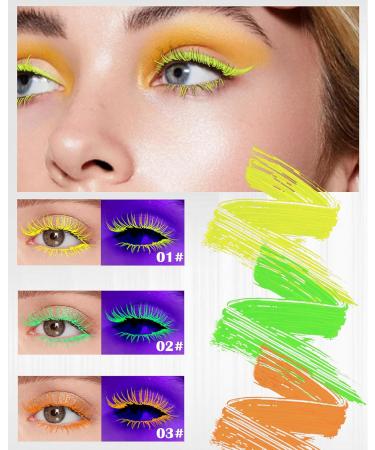 UV Glow Colored Mascara Volume and Length-3 Pcs Yellow Green Orange Longlasting Waterproof Mascara for Eyelashes Fast Dry Curling Non Clumping Mascara for Women Halloween Party Stage Clubbing Makeup 01#+02#+03# - Buy Online on GoSupps.com
