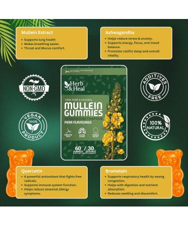 (4-in-1) Mullein Gummies for Lungs Cleanse & Detox | Organic Mullein Leaf Gummies for Lung Health Heavy Smokers Breathing Support | Ashwagandha Quercetin & Bromelain Vegan Respiratory Cleanse - Buy Online on GoSupps.com