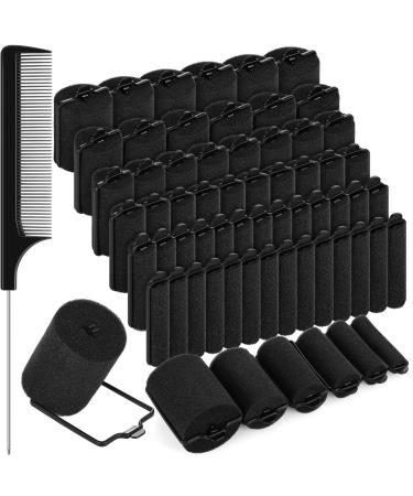 56 Pieces Foam Sponge Hair Rollers Soft Sleeping Hair Curler Assorted Sizes Flexible Hair Styling Sponge Curler with Stainless Steel Rat Tail Comb Pintail Comb for Hairdressing Styling (Black)