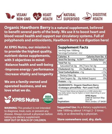 XPRS Nutra Organic Hawthorn Berry Powder - Premium USDA Certified Cardiovascular Support Supplement - Vegan Friendly 16oz - Buy Online on GoSupps.com