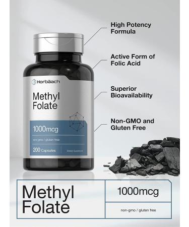 Methyl Folate 1000mcg 5-MTHF | 200 Capsules Folic Acid Supplement | Non-GMO Gluten Free | Horbaach - Buy Online on GoSupps.com