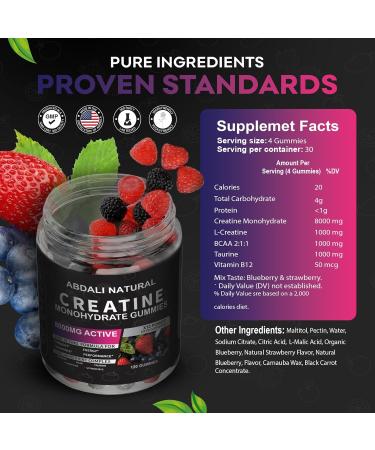 ABDALI NATURAL Creatine Gummies 8000mg for Men & Women Pre-Workout Creatine Gummies with L-Taurine BCAA 2:1 - Buy Online on GoSupps.com