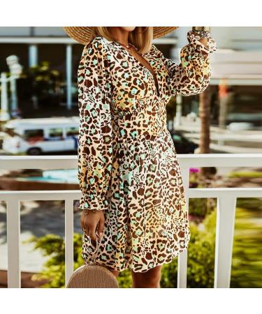 Ladies V-Neck Leopard Print A-Line Dress with Balloon Sleeves - XL Yellow - Buy Online on GoSupps.com