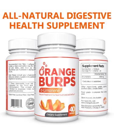 Orange Burps D-Limonene Softgels | Digestive Health Supplement | Non-Harmful Acid Reflux Relief | 500mg Easy-to-swallow Capsules | Gluten-Free - 40 Count - Buy Online on GoSupps.com
