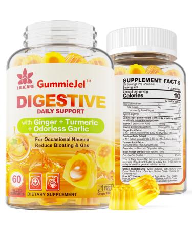 Sugar Free Ginger Filled Gummies for Nausea with 200mg Odorless Garlic + 150mg Turmeric Quercetin Vitamin D3 & C Ultra Absorption - Stomach Relief - Digestive Support Occasional Bloating & Gas